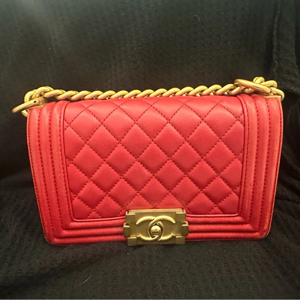 CHANEL Red Quilted Boy Flap Bag with Gold Chain and Hardware